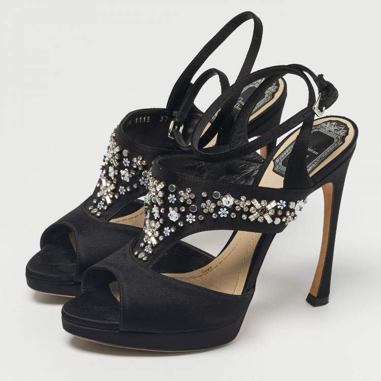 Pre Owned Dior Black Satin Crystal Embellished Ankle Strap Sandals Size 37.5