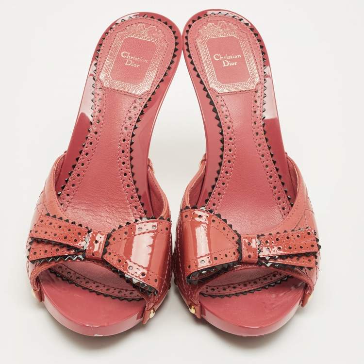 Pre Owned Dior Pink Patent Leather Bow Slide Sandals Size 37.5