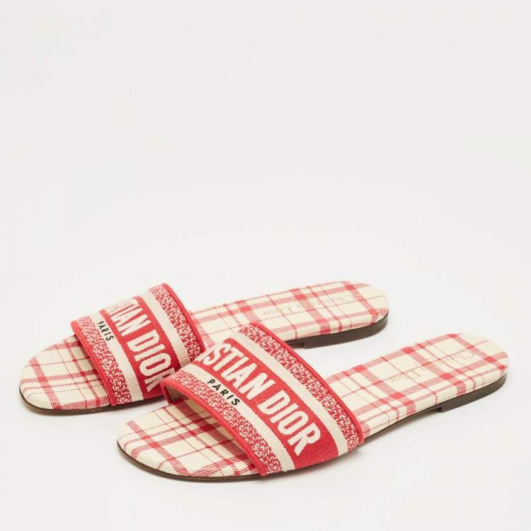Pre Owned Dior Red/White Embroidered Canvas Dway Flat Slides Size 38