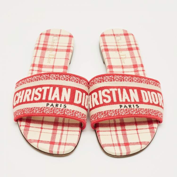 Pre Owned Dior Red/White Embroidered Canvas Dway Flat Slides Size 38