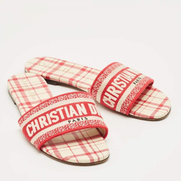 Pre Owned Dior Red/White Embroidered Canvas Dway Flat Slides Size 38