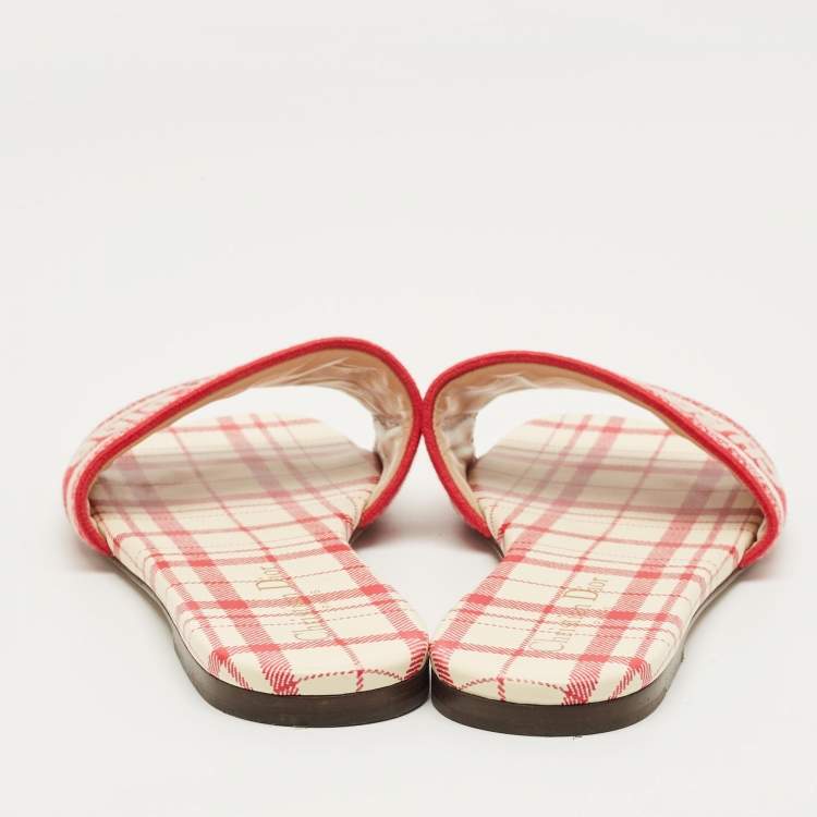 Pre Owned Dior Red/White Embroidered Canvas Dway Flat Slides Size 38