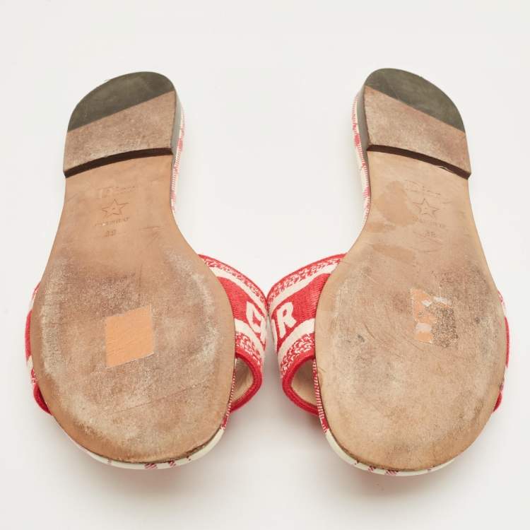 Pre Owned Dior Red/White Embroidered Canvas Dway Flat Slides Size 38