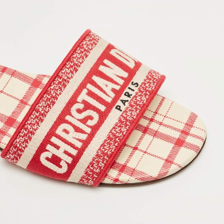 Pre Owned Dior Red/White Embroidered Canvas Dway Flat Slides Size 38