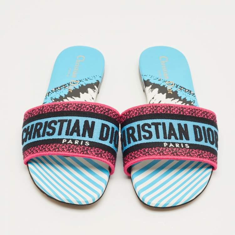 Pre Owned Dior Multicolor Logo Embroidered Canvas Dway Flat Slides Size 37.5