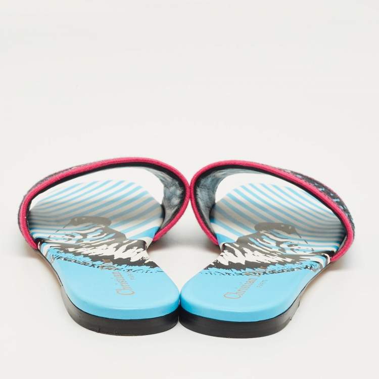 Pre Owned Dior Multicolor Logo Embroidered Canvas Dway Flat Slides Size 37.5