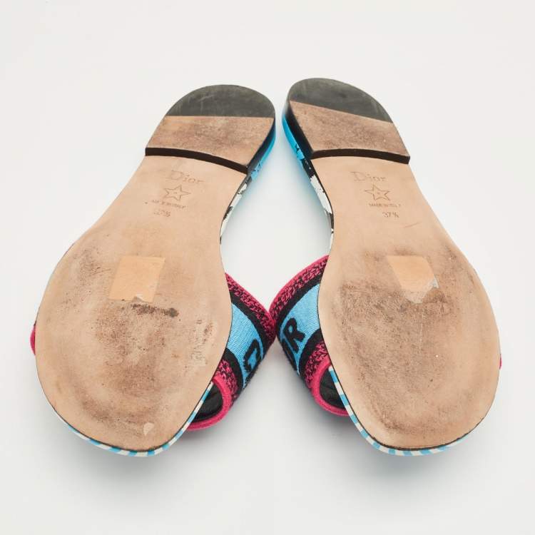 Pre Owned Dior Multicolor Logo Embroidered Canvas Dway Flat Slides Size 37.5