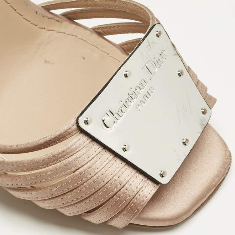 Pre Owned Dior Beige Satin Ankle Strap Block Heel Sandals Size 39