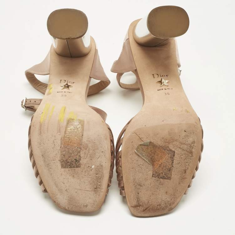 Pre Owned Dior Beige Satin Ankle Strap Block Heel Sandals Size 39