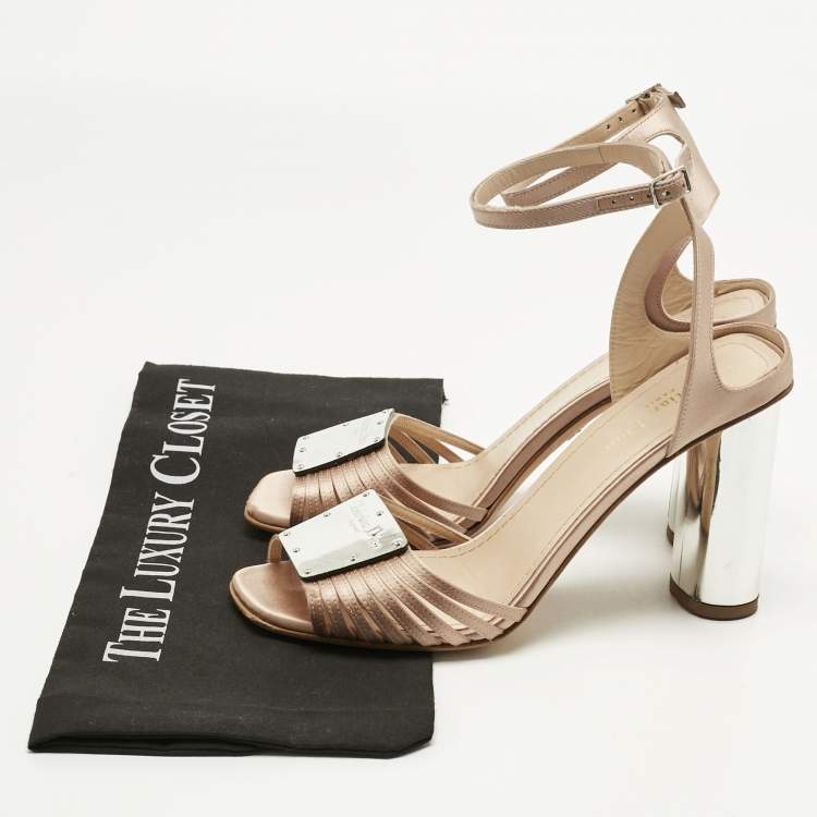 Pre Owned Dior Beige Satin Ankle Strap Block Heel Sandals Size 39