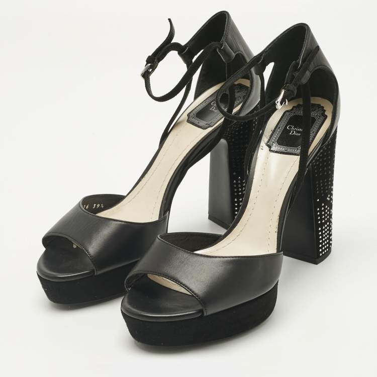 Pre Owned Dior Black Leather and Suede Rainbow Stellar Ankle Strap Sandals Size 39.5