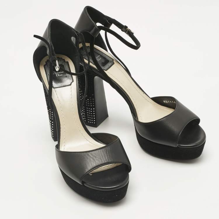 Pre Owned Dior Black Leather and Suede Rainbow Stellar Ankle Strap Sandals Size 39.5