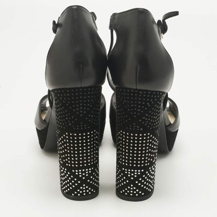 Pre Owned Dior Black Leather and Suede Rainbow Stellar Ankle Strap Sandals Size 39.5