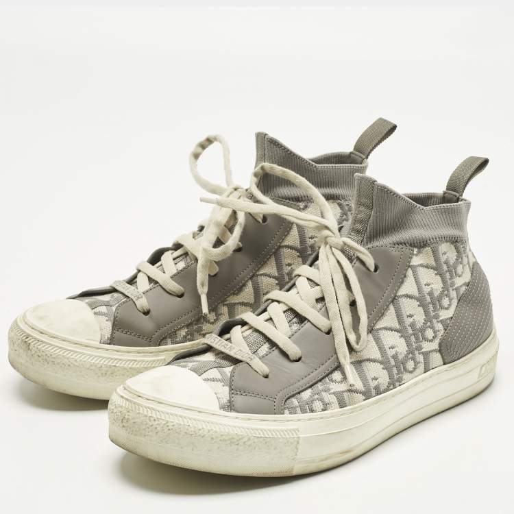 Pre Owned Dior Grey Knit Fabric and Leather Walk'n'Dior High Top Sneakers Size 39.5