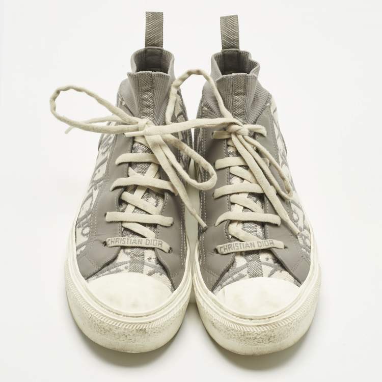 Pre Owned Dior Grey Knit Fabric and Leather Walk'n'Dior High Top Sneakers Size 39.5