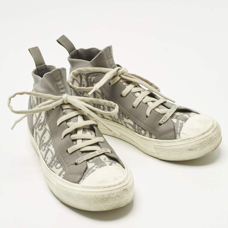 Pre Owned Dior Grey Knit Fabric and Leather Walk'n'Dior High Top Sneakers Size 39.5
