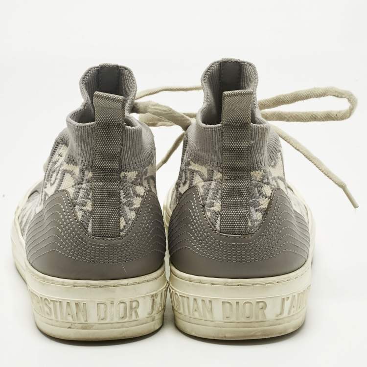 Pre Owned Dior Grey Knit Fabric and Leather Walk'n'Dior High Top Sneakers Size 39.5