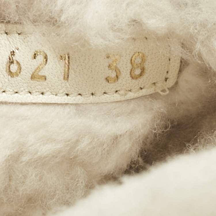 Pre Owned Dior White/Navy Blue Shearling Fur and Logo Canvas Dway Flat Slides Size 38