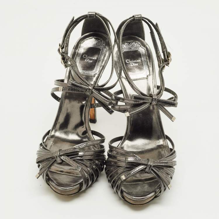 Pre Owned Dior Dark Grey Leather Strappy Bow Platform Sandals Size 36