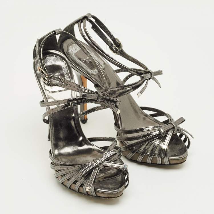 Pre Owned Dior Dark Grey Leather Strappy Bow Platform Sandals Size 36