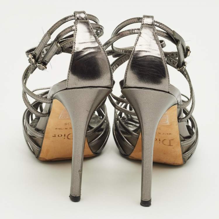 Pre Owned Dior Dark Grey Leather Strappy Bow Platform Sandals Size 36