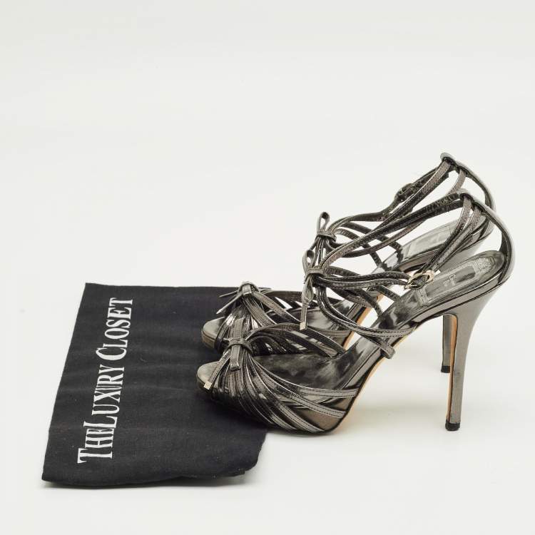 Pre Owned Dior Dark Grey Leather Strappy Bow Platform Sandals Size 36