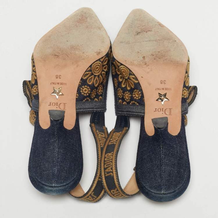 Pre Owned Dior Navy Blue/Yellow Embroidered Canvas J'Adior Slingback Pumps Size 38
