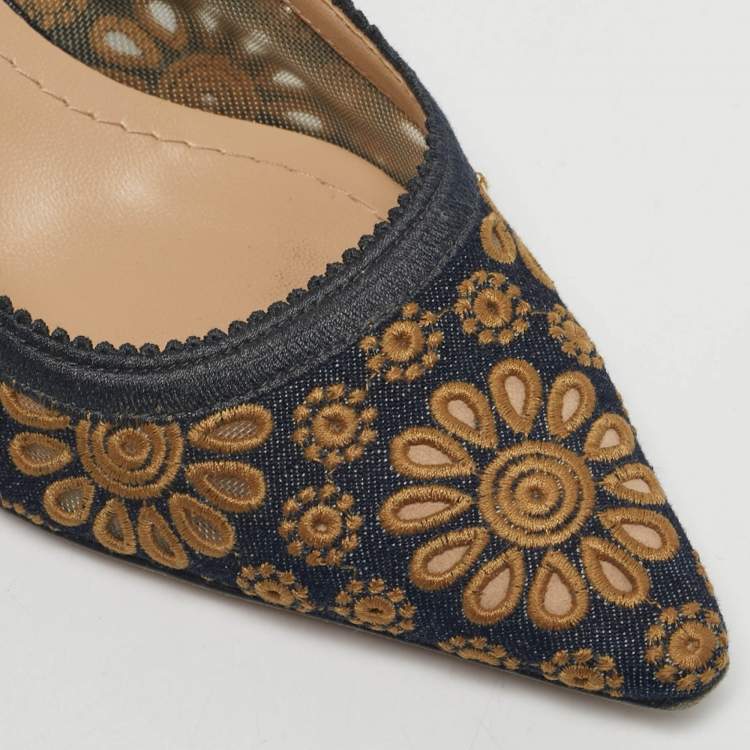 Pre Owned Dior Navy Blue/Yellow Embroidered Canvas J'Adior Slingback Pumps Size 38