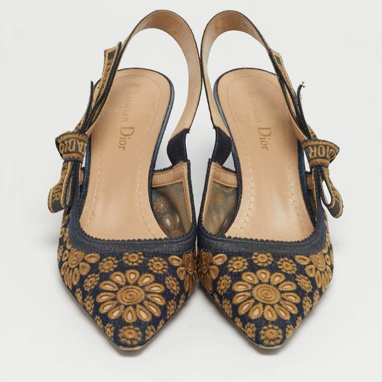 Pre Owned Dior Navy Blue/Yellow Embroidered Canvas J'Adior Slingback Pumps Size 38