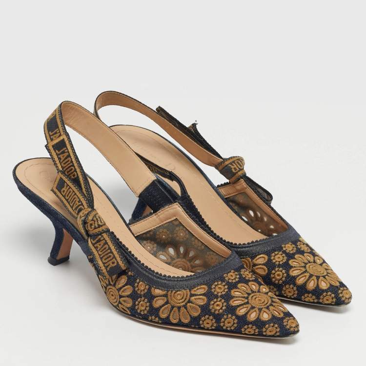 Pre Owned Dior Navy Blue/Yellow Embroidered Canvas J'Adior Slingback Pumps Size 38