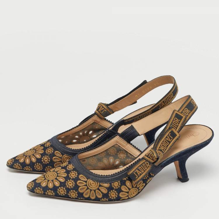 Pre Owned Dior Navy Blue/Yellow Embroidered Canvas J'Adior Slingback Pumps Size 38