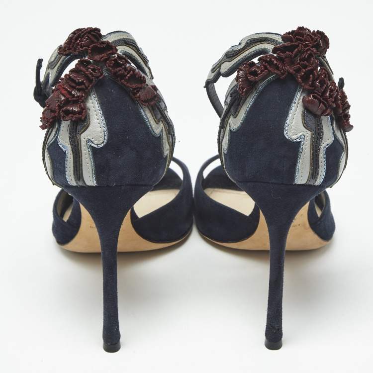 Pre Owned Dior Navy Blue/Black Leather and Suede Ankle Strap Sandals Size 38
