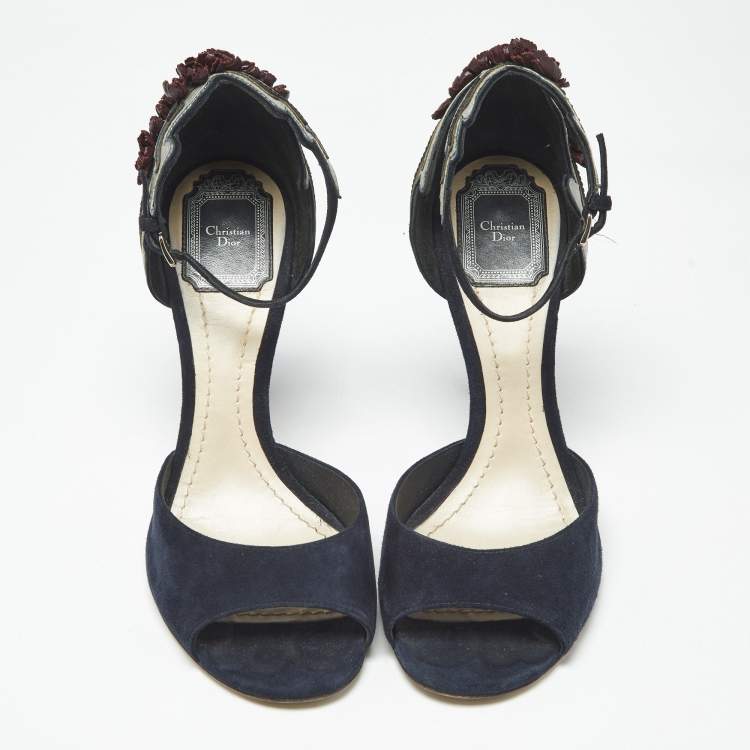 Pre Owned Dior Navy Blue/Black Leather and Suede Ankle Strap Sandals Size 38