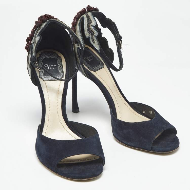 Pre Owned Dior Navy Blue/Black Leather and Suede Ankle Strap Sandals Size 38