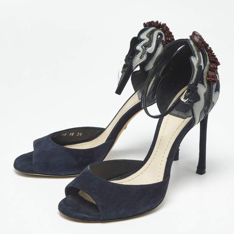 Pre Owned Dior Navy Blue/Black Leather and Suede Ankle Strap Sandals Size 38