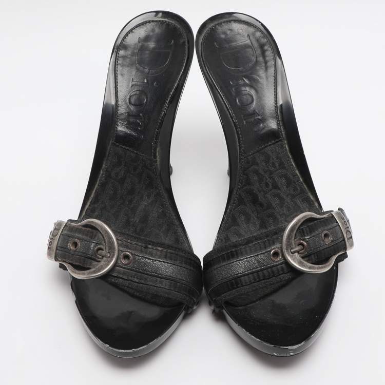 Pre Owned Dior Black Canvas And Leather Buckle Open Toe Sandals Size 35