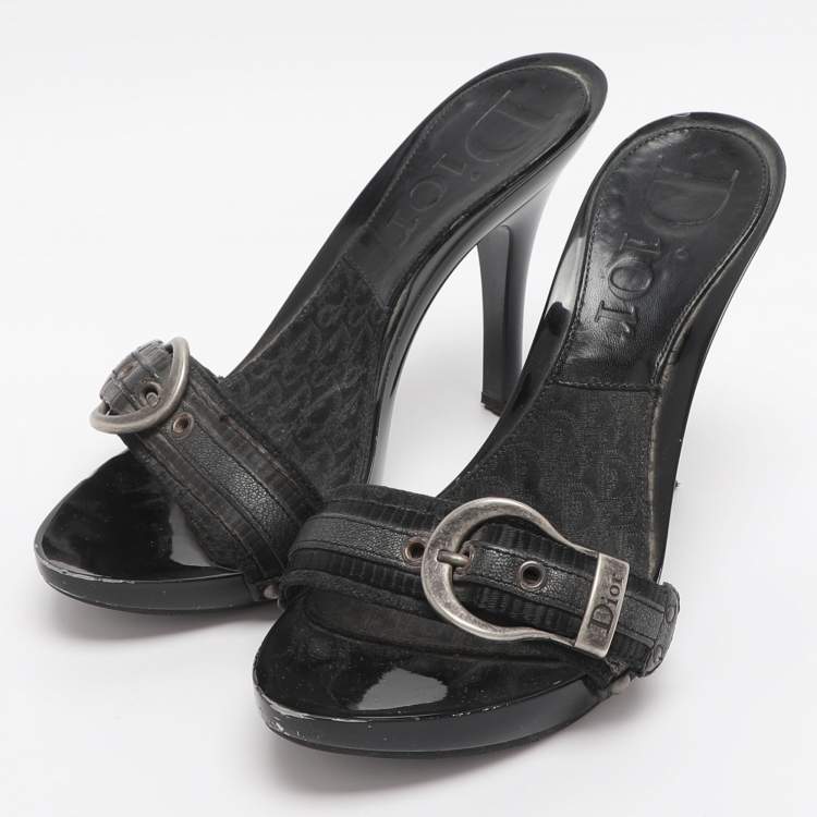 Pre Owned Dior Black Canvas And Leather Buckle Open Toe Sandals Size 35