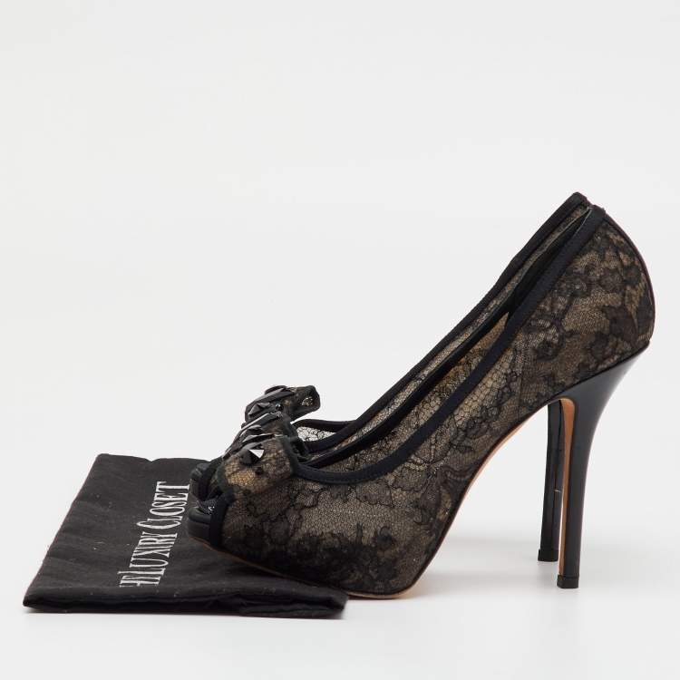 Pre Owned Dior Black Mesh and Fabric Bow Peep Toe Platform Pumps Size 37.5