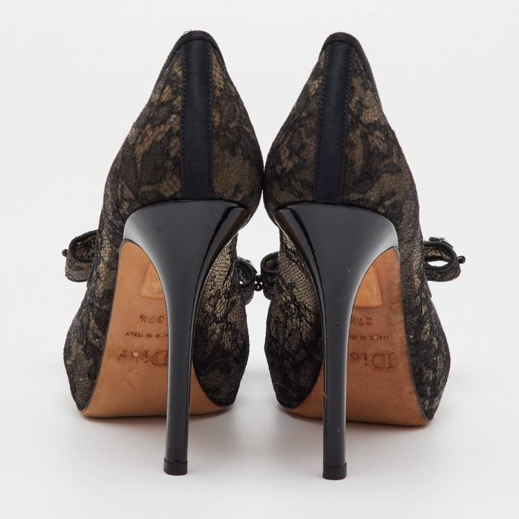 Pre Owned Dior Black Mesh and Fabric Bow Peep Toe Platform Pumps Size 37.5