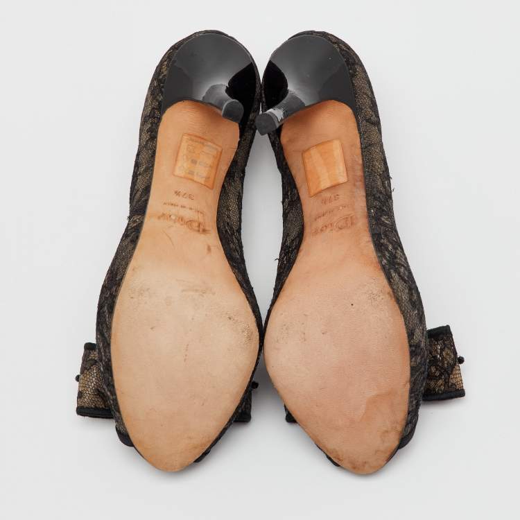 Pre Owned Dior Black Mesh and Fabric Bow Peep Toe Platform Pumps Size 37.5