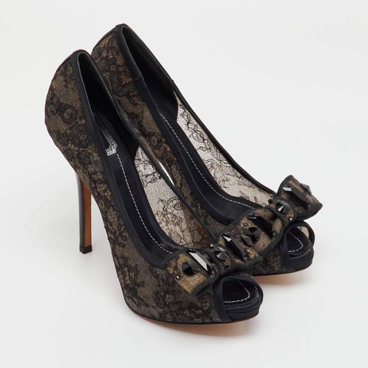 Pre Owned Dior Black Mesh and Fabric Bow Peep Toe Platform Pumps Size 37.5