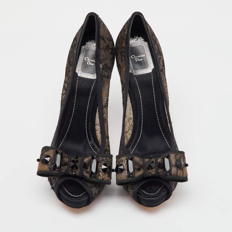 Pre Owned Dior Black Mesh and Fabric Bow Peep Toe Platform Pumps Size 37.5