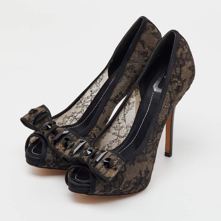 Pre Owned Dior Black Mesh and Fabric Bow Peep Toe Platform Pumps Size 37.5