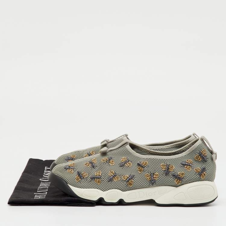 Pre Owned Dior Grey Mesh Fusion Bee Embroidered Slip On Sneakers Size 40