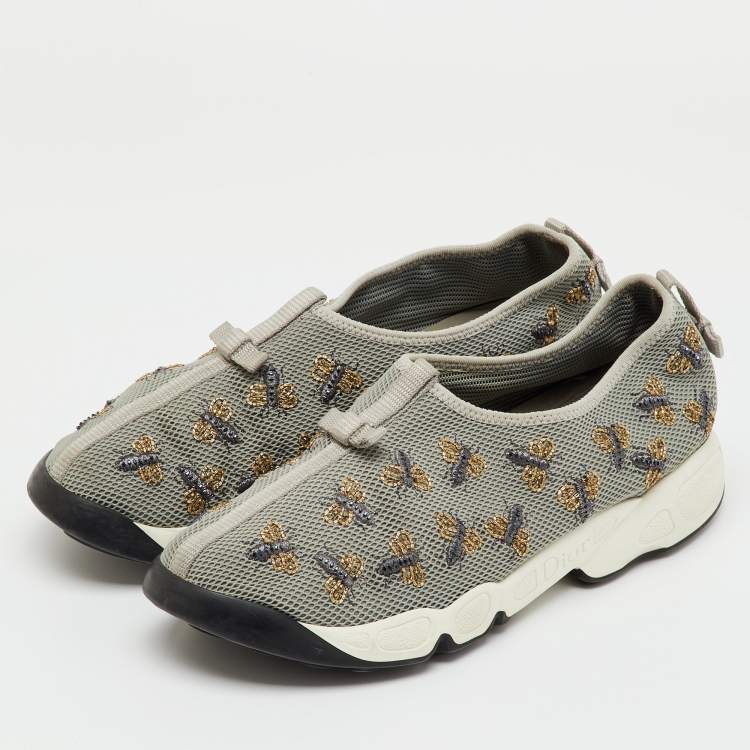 Pre Owned Dior Grey Mesh Fusion Bee Embroidered Slip On Sneakers Size 40