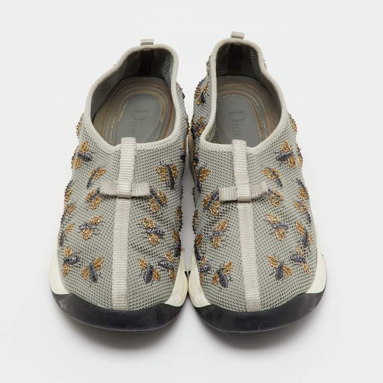 Pre Owned Dior Grey Mesh Fusion Bee Embroidered Slip On Sneakers Size 40