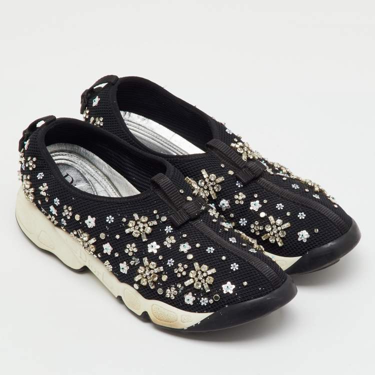 Pre Owned Dior Black Mesh Fusion Crystal Embellished Slip On Sneakers Size 39