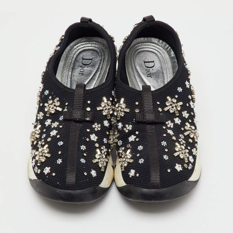 Pre Owned Dior Black Mesh Fusion Crystal Embellished Slip On Sneakers Size 39