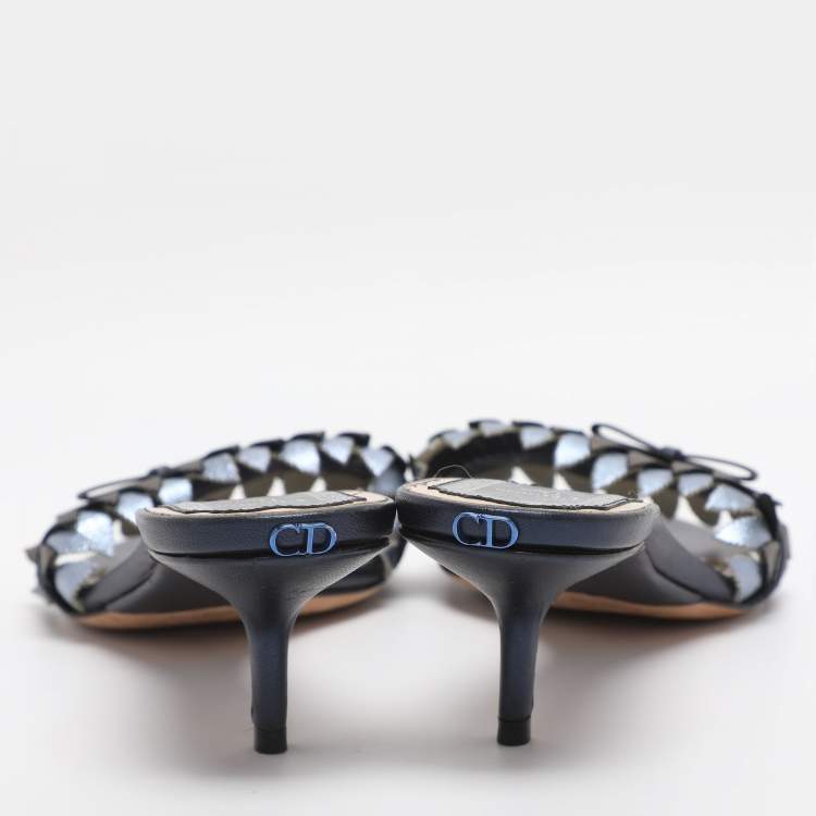 Pre Owned Dior Metallic Blue Leather Cut Out Flat Slide Sandals Size 37