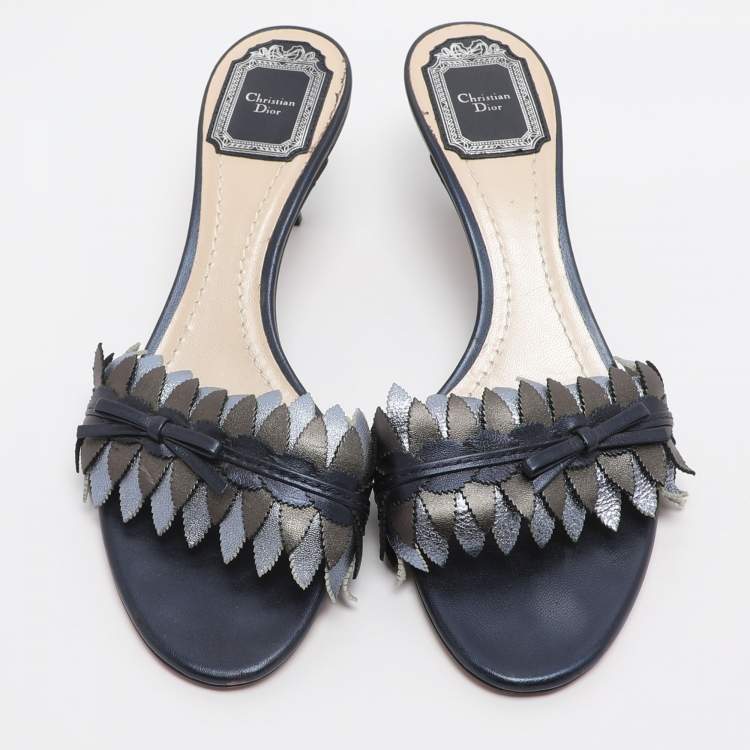 Pre Owned Dior Metallic Blue Leather Cut Out Flat Slide Sandals Size 37